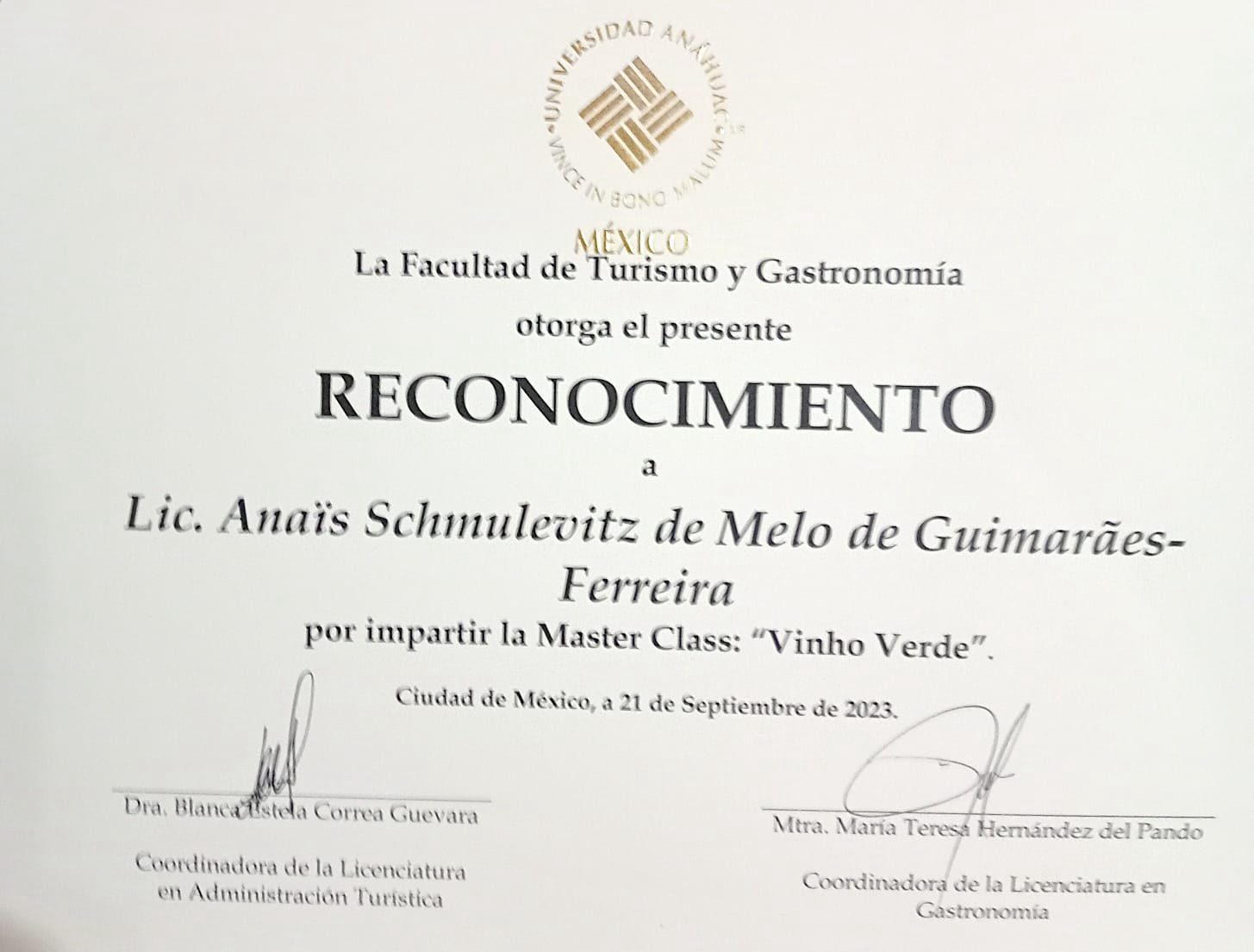 Facultad Turismo Gastronomía reconocimiento Vinho Verde