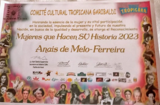 Comité Cultural Tropicana Garibaldi reconocimiento Anaís de Melo